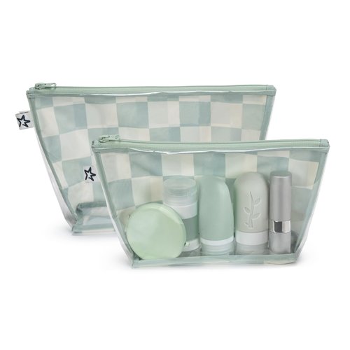 Tiny Twinkle Diaper Bag Organizing Pouches | 2 Pack Mess-Proof Travel Organizer Bags with Structured Bottom & Clear Front | TSA Approved Toiletry Bag Set for Baby and Mom Essentials (Sage Checkers)