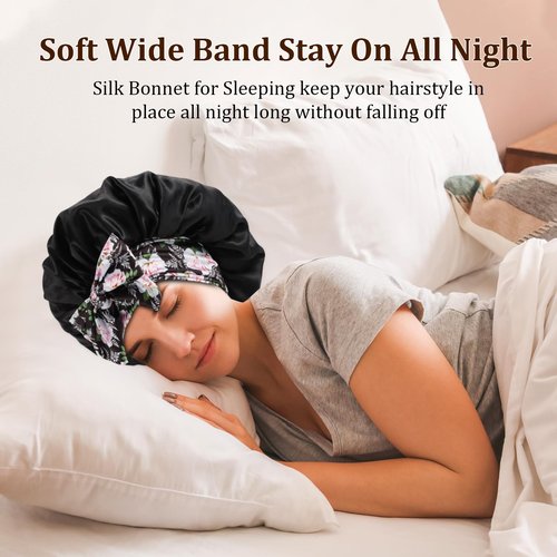 IJRPLM 2Pcs Silk Bonnet for Sleeping,Large Satin Bonnet with Tie Band,Night Sleep Cap for Women,Satin Bonnet for Curly Hair(Champagne gold + Black)