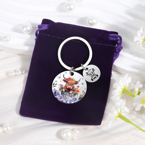 Luvsweets Highland Cow Gifts for Women - Spring Highland Cow Floral Makeup Bag and Cute Cattle Keychain, Western Gifts for Animal Lovers, Christmas Birthday Present for Friends Sister Mom