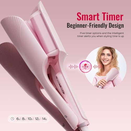 LENA S16 Hair Waver | Beach Waves Curling Iron with 3 Titanium Ceramic Barrels, 1.25 Inch, Pink