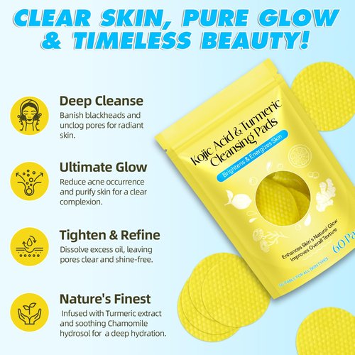 Kojic Acid and Turmeric Cleansing Pads for Face 60Pcs, Turmeric Face Scrub Pads, Cleansing & Exfoliation Balance Skin Oil & Water