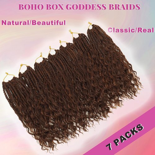 Goddess Bohemian Box Braids Crochet Hair 7 Packs 14 Inch Boho Crochet Braids for Black Women Pre Looped Braiding Hair with Curly Ends, P33/30