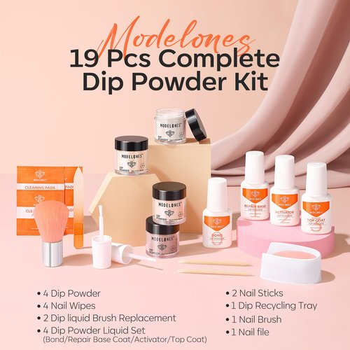 Modelones Dip Powder Nail Kit - 4 Spring Summer Nude Pink Glitter Colors | Complete DIY Manicure Set