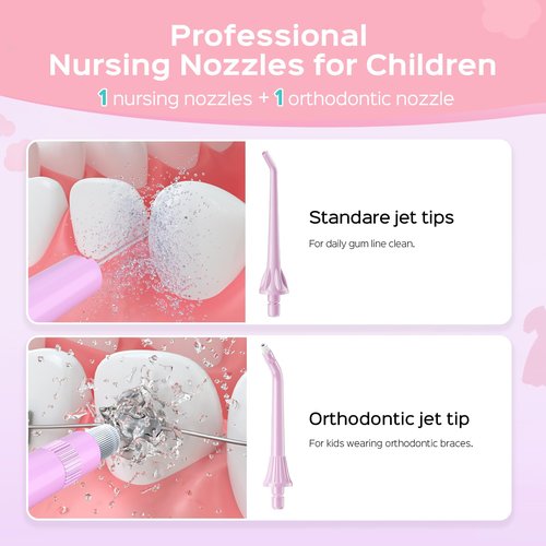 COSLUS C31 Kids Water Dental Flosser Deep Cleaning Picks Portable 4 Modes for Ages 6+ Safe Waterproof Rechargeable with 2 Jet Tips for Gums Care Pink Purple