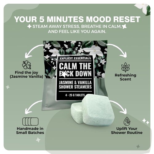 Explicit Essentials Calm The F Down Shower Steamers | Jasmine Vanilla Aromatherapy Shower Steamers for Relaxation & Stress Relief | Spa Shower Gift for Self-Care, Birthdays & Holidays