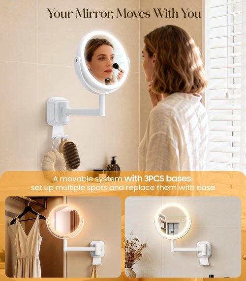 Gospire Wall Mounted Lighted Makeup Mirror with Magnification 10X, 7 Inch Double Sided Magnifying Vanity Mirror Wall Mirrors with Hooks & LED Display for Bathroom, No Drilling Needed