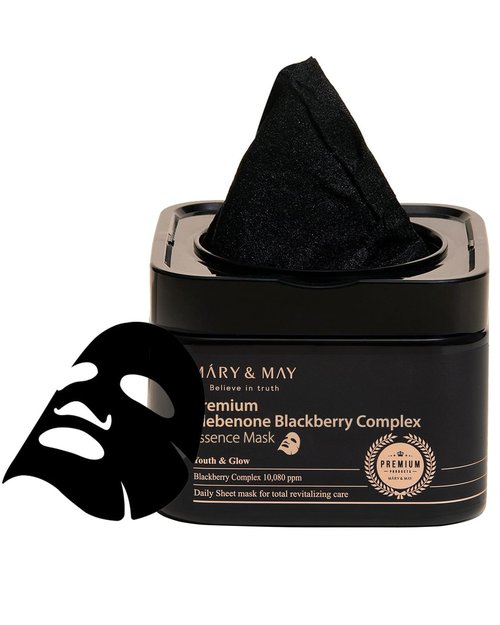 Mary&May Premium Idebenone Blackberry Complex Essence Mask (20 Sheets) – Bamboo Charcoal Sheet, Daily Pull-Out Dispenser Korean Face Mask with Vitamin C, Panthenol & Ceramide for Hydrating Radiance