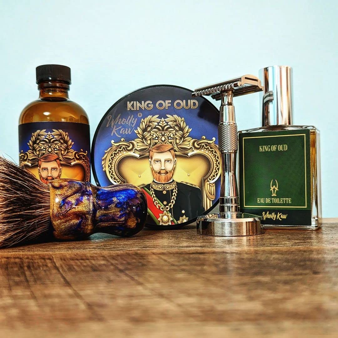 Wholly Kaw Shaving Soap | Luxury Dense, Rich & Creamy Lather Tallow Wet Shave Puck Notes of Bergamot Lemon Clary Sage Rose Pink Pepper Galbanum, Oud | Grooming and Skincare for Men 4 oz - King of Oud