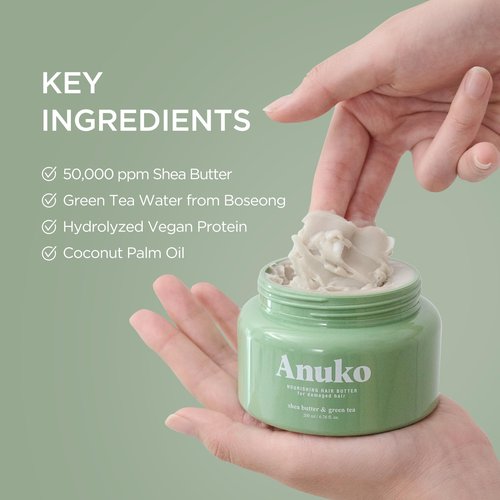 Anuko Nourishing Hair Butter for Damaged Hair, 6.7 oz, Shea Butter & Green Tea, Korean Hair Care, Hair Treatment Mask, Vegan Protein