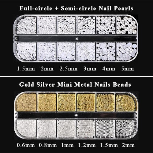 3D Mixed Sizes Nail Beads and Pearls Nail Charms Kit, Gold Silver Mini Metal Caviar Nails Beads Studs, White Flatback Round and Half Round Pearls with Pickup Pencil and Tweezers
