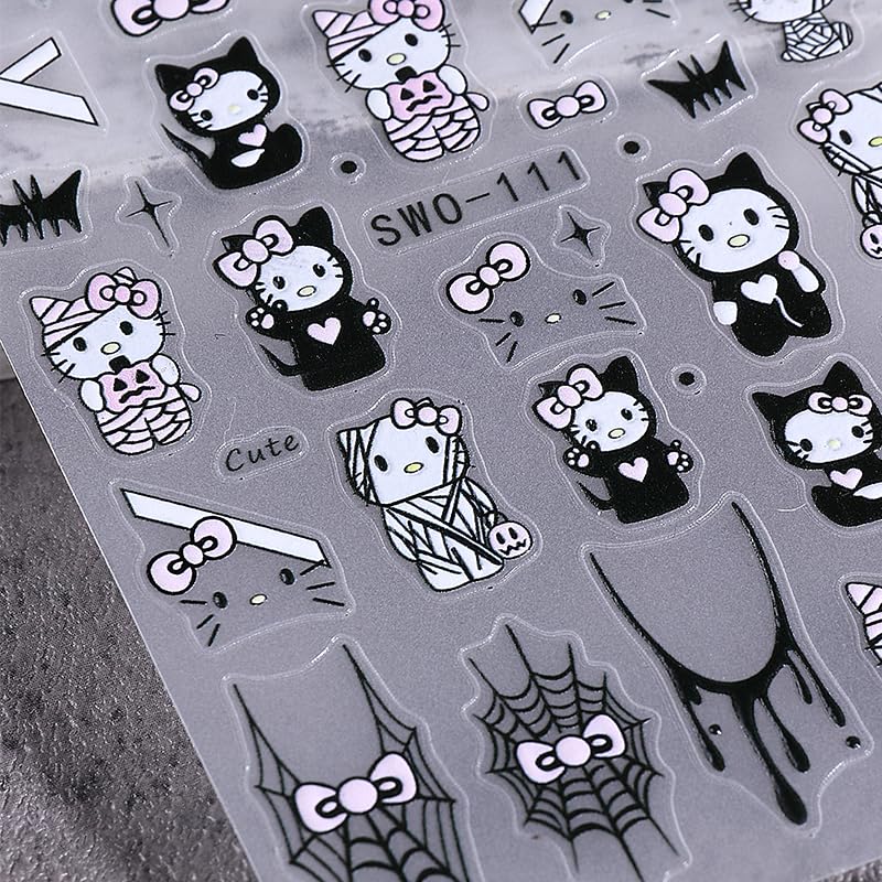 Halloween Nail Art Stickers Decals - 4 Sheets Scary Bat Spider Web Skull Black Cat - Halloween Style 02