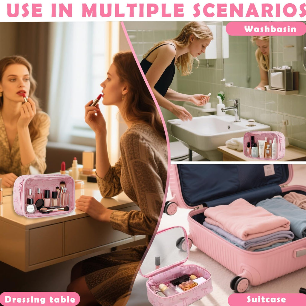 Werncy Women's bow cosmetic bag, transparent waterproof suitable for travel cute cosmetic bag girlfriend mother bridesmaid gift