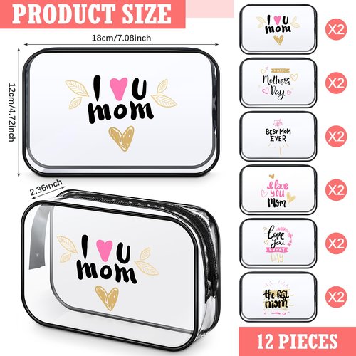 Abbylike 12 Pcs 7 x 4.7 x 2.4'' Mother's Day Cosmetic Bag Mother's Day Gifts Accessories for Makeup Clear PVC Case Toiletry Zipper Pouch for Mom Women Travel Vacation