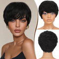 RUWISS Pixie Cut Human Hair Wig – Short Wigs for Black Women with Bangs, Natural Layered Wavy Wig, Glueless, 1B#