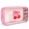 Kacctyen Pink Bow Clear Makeup Bag Coquette Pink Bow Travel Toiletry Preppy Cosmetic Bag Travel Organizer Trendy Portable Gift for Women Girlfriend Bridesmaid Birthday Mothers Day(Cherry Bow)