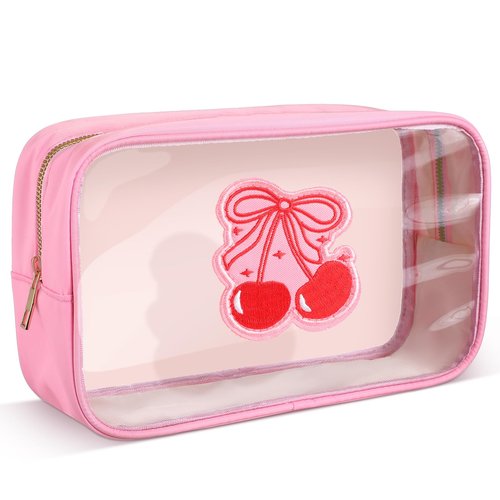 Kacctyen Pink Bow Clear Makeup Bag Coquette Pink Bow Travel Toiletry Preppy Cosmetic Bag Travel Organizer Trendy Portable Gift for Women Girlfriend Bridesmaid Birthday Mothers Day(Cherry Bow)