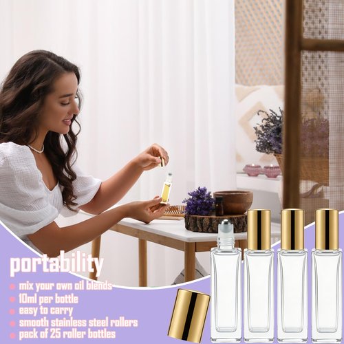 Hzmssore 25 Pcs 10 ml Roller Bottles for Essential Oils, Square Thick Empty Glass Roller Bottles with Stainless Steel Roller Balls Protection Leakproof with 2 Funnel for Travel, Gold