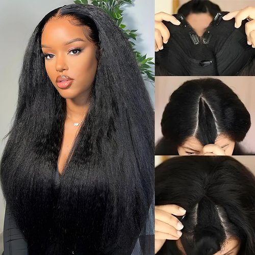 Prtyopp V Part Wig Human Hair Kinky Straight Vpart Human Hair Wig Upgrade U Part Wig Yaki Straight Clip in Half Wigs for Black Women Glueless No Leave Out 180% Density Natural Color 12 Inch