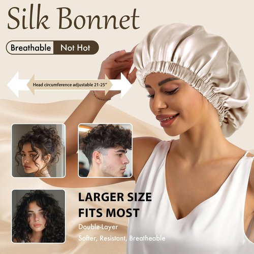 Doitory Bonnet for Sleeping Women & Men, Double Layer Silk Bonnet, Soft Satin Lined Hair Bonnets Sleep Shower Cap for Natural & Curly Hair(Champagne)