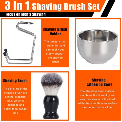VALENTISE Shaving Brush, 3 In 1 Shaving Brush Set Includes Stainless Steel Shaving Stand and Bowl, Synthetic Badger Hair Shave Brush for Men's Shave Gift
