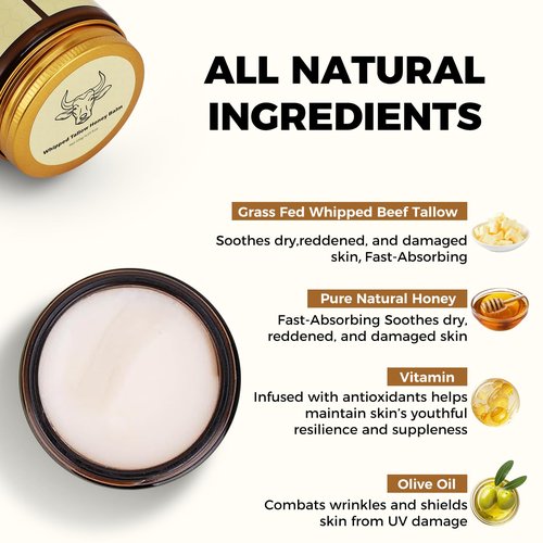 Lopeie Beef Tallow for Skin - Organic Grass Fed Whipped Moisturizer with Honey Balm, Natural Hydrating Cream for Face & Body, Relief for Dry & Sensitive Skin (4.23oz, Unscented)