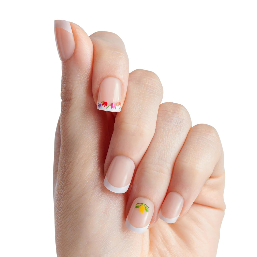 WICKED X imPRESS Press On Nails, New Improved Adhesive, Up To 10 Day Hold, ‘Rainbow of Blooms’, White, Short Squoval, Includes 30 Fake Nails, 1 Prep Pad, 1 Manicure Stick, 1 Mini File
