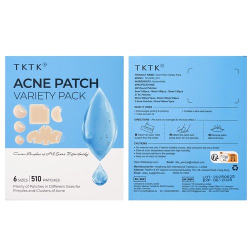 TKTK Pimple Patches for Face, 6 Sizes Hydrocolloid Acne Patch Variety, Large Acne Stickers for Cheeks, Forehead, Chin, Nose, Back Blemishes Zit Breakouts (4 Shapes 510 Count)