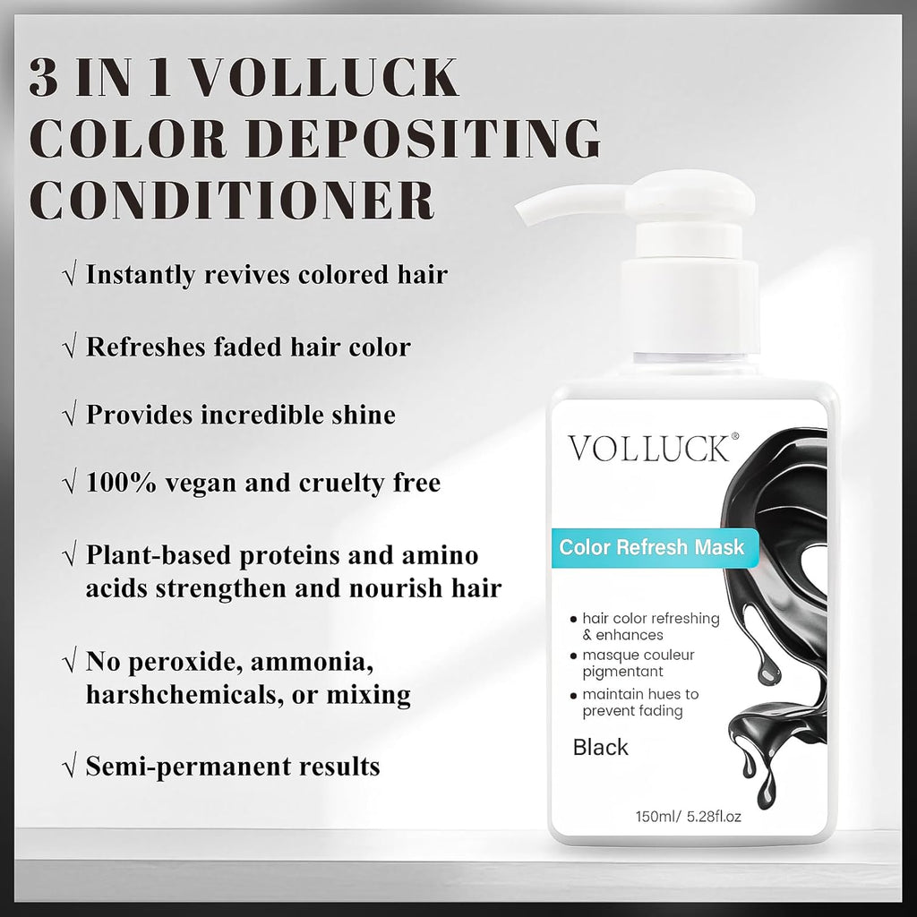 VOLLUCK Color Depositing Conditioner - 3-in-1 Cruelty-Free Hair Mask for Enhanced Shine & Softness | Black, 5.28 Fl Oz