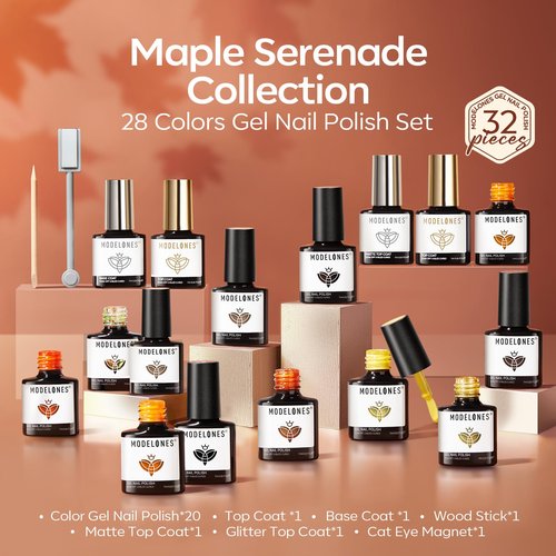 modelones 32 PCS Fall Gel Nail Polish Kit, 28 Colors Cat Eye Glitter Brown Red Orange Gel Polish with Base Coat, Glitter & Glossy & Matte Top Coat Soak Off LED Nail Art Kit Salon at Home