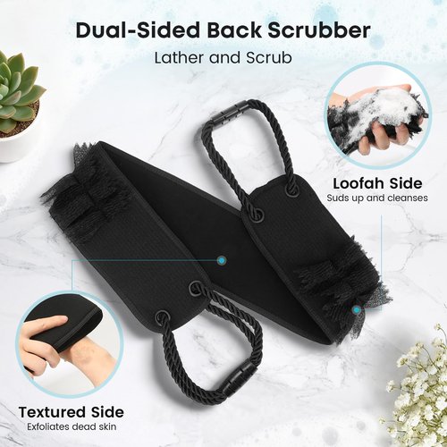eaxun Back Scrubber with Handles for Shower, 40 Inches Dual-Sided Back Washer with Exfoliating Texture and Loofah for Men, Women and Elderly, Bath Back Exfoliator Body Cleaner for Deep Cleansing