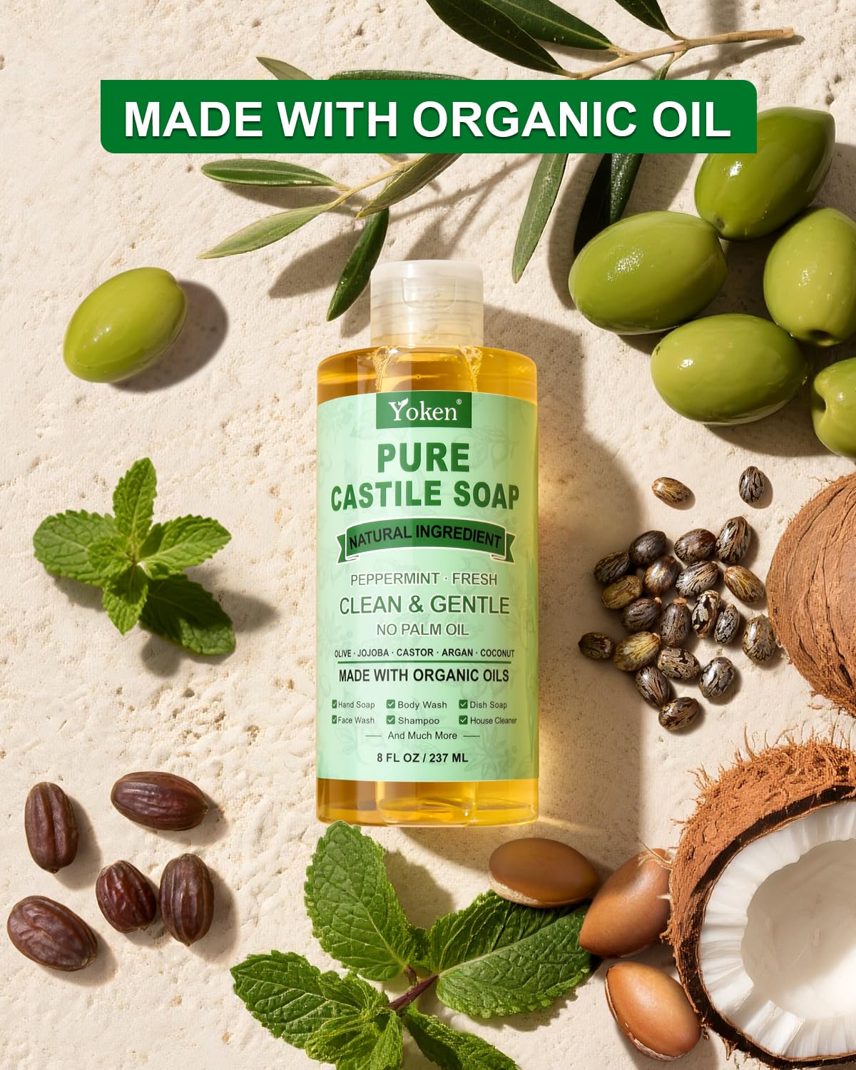 Yoken Peppermint Castile Soap Liquid 8 OZ, Made with Certified Organic Oils, Gentle Peppermint Soap for Body Wash, Face, Hands, Dishes, Laundry & More - Vegan & Natural Ingredients Versatile Cleanser