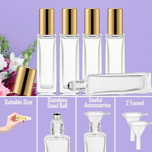 Hzmssore 25 Pcs 10 ml Roller Bottles for Essential Oils, Square Thick Empty Glass Roller Bottles with Stainless Steel Roller Balls Protection Leakproof with 2 Funnel for Travel, Gold