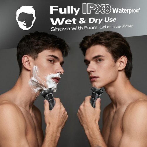 Electric Razor for Men, IPX8 Waterproof with Type-C Quick Charge, 3D Flex Blades & Pop-Up Trimmer, 60min Runtime, Travel Lock, Wet & Dry Shave,Slate Gray