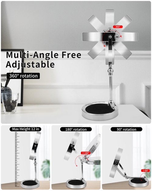MILONT 9" Lighted Makeup Mirror,1X/10X Magnifying Vanity Mirror with Height & Brightness Adjustable,Rechargable Makeup Mirror,360°Rotation Double Sided Standing Desk Mirror (Polish Chrome)