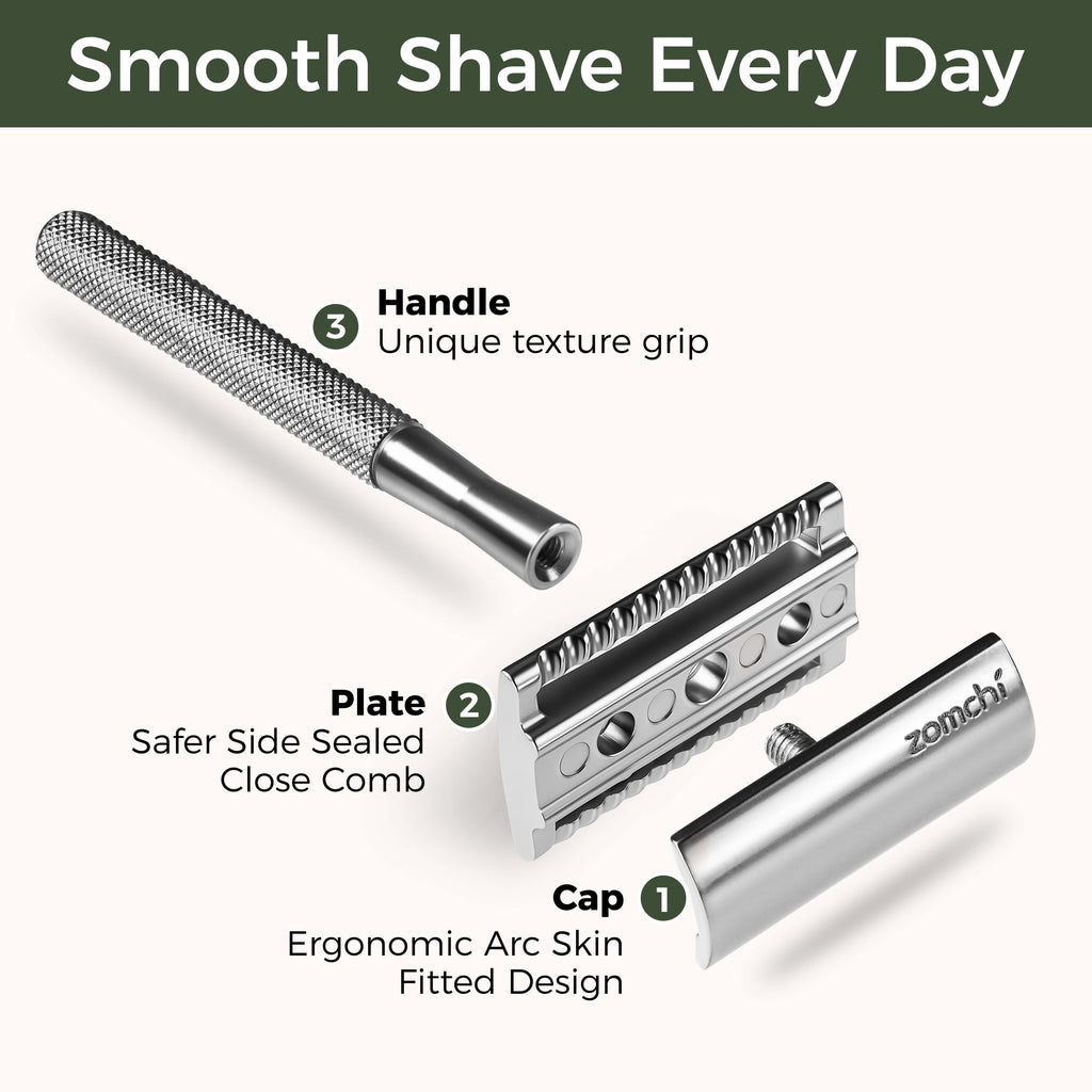 ZOMCHI Double Edge Safety Razor for Men & Women, Metal Razor with 5 Double Edge Safety Razor Blades, Single Blade Razor – Silver
