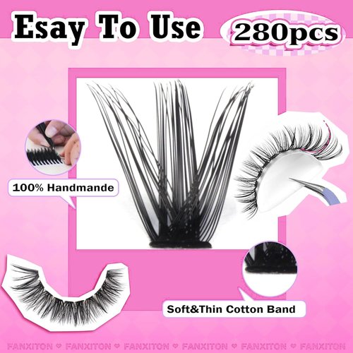 FANXITON DIY Individual Eyelash Extension Kit, Thick Volume Lash Clusters 40D+50D D Curvature, 280 Pieces Thin Band Cluster Lashes with Bond and Seal Tweezers