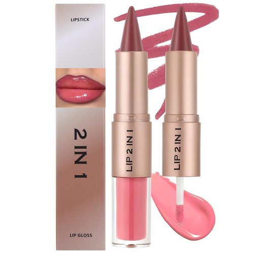 Skiennix Lip Liner & Gloss Lipstick Combo - 2-in-1 Dual-Ended Soft Pink Velvet Matte & Buildable Light Pink Gloss Set for Women, Long-Lasting Shine & Plumping Finish
