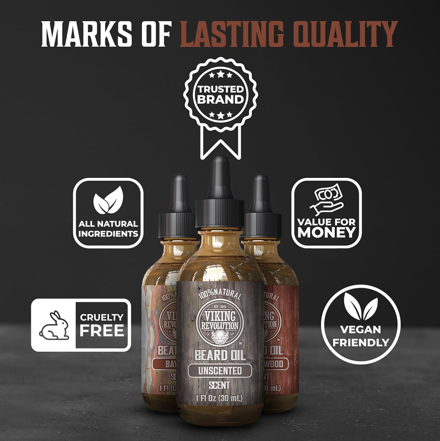 Viking Revolution Beard Oil - Natural Conditioning Oil Variety Set | Sandalwood, Unscented & Bay Rum (3 Pack, 1oz)