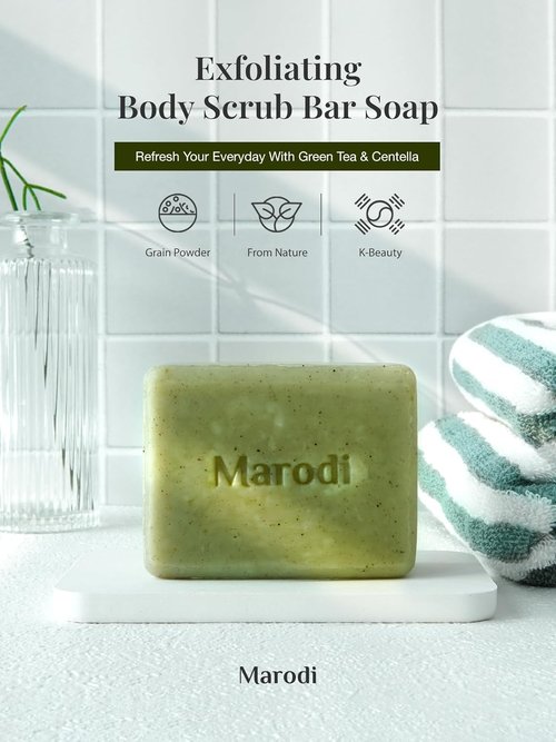 Skiennix Body Scrub Bar Soap - Korean Exfoliating Wash with Green Tea & Centella | 7 Oz, Sunrise Mist Scent