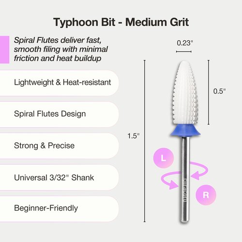 Curacoro Ceramic Nail Drill Bit 3/32" - Typhoon Bit, 2 Way (Medium), Spiral Flute Design for Fast, Controlled Filing, Efficient Product Reduction & Smooth Shaping, Salon & Home Use