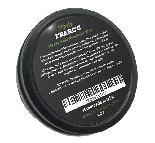 Lucky Franc's Unscented Mustache Wax for Men. Strong Frim Hold Stache Wax For Men's Grooming. All Natural Scent Free Formula With Beeswax And Coconut Oil. USA Made Mustache Styling Wax 2 Ounces
