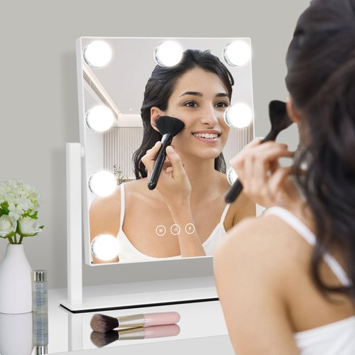 Kotdning Vanity Mirror with Lights,Lighted Vanity Mirror with 9 Dimmable Bulbs for Dressing Room & Bedroom,3 Color Lighting,Modes Detachable 10x Magnification 360°Ratation(White) 12" L x 14.4" W