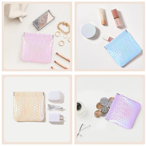 MXXUUOOM 4 PCS holographic Pouch Bags Mini Makeup Bag for Purse, Coin Purse & Purse Pouch Set,Self-Closing Cosmetic Organizer for Women, Waterproof Faux Leather for Lipstick, Coins & Daily Essentials