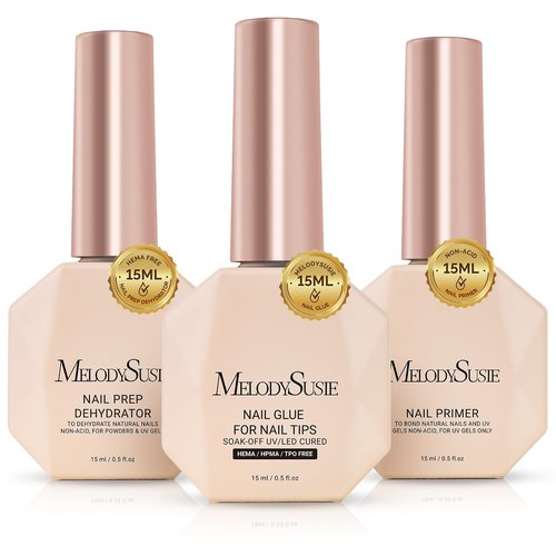 MelodySusie Nail Glue Nail Dehydrator and Primer Set Long Lasting Shine Nail Polish Art Design Manicure Kit Perfect Gifts for Women Girls 3 Pcs 15ml Clear