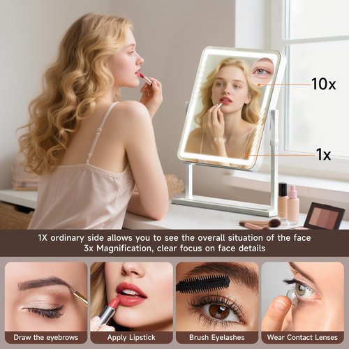 Kcavvi Vanity Mirror with Lights, Height-Adjustable & 360° Rotation, 1/10X Magnification, Three Color Lighting Modes, Makeup Mirror Smart Touch Control, Large Vanity Desk Mirror (17.5in,White)