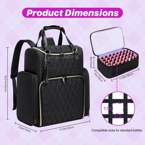 Nail Bag Organizer Case Backpack, Nail Bag Holds 80 Bottles (15ml-0.5 fl.oz) and Nail Lamp, Nail Polish Case with 2 nail polish Bag, Portable Travel Backpack for Nail Tech Supplies Manicure Tools