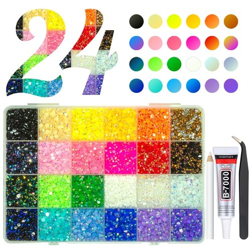 qiipii 20000PCS 24 Color Jelly Resin Rhinestones w B7000 Glue for Bedazzling Crafting 3mm 4mm Flatback Rainbow Stones Colorful AB Gems Diamonds Charms Bedazzler Kit for Nails Eyes Face Makeup Beauty