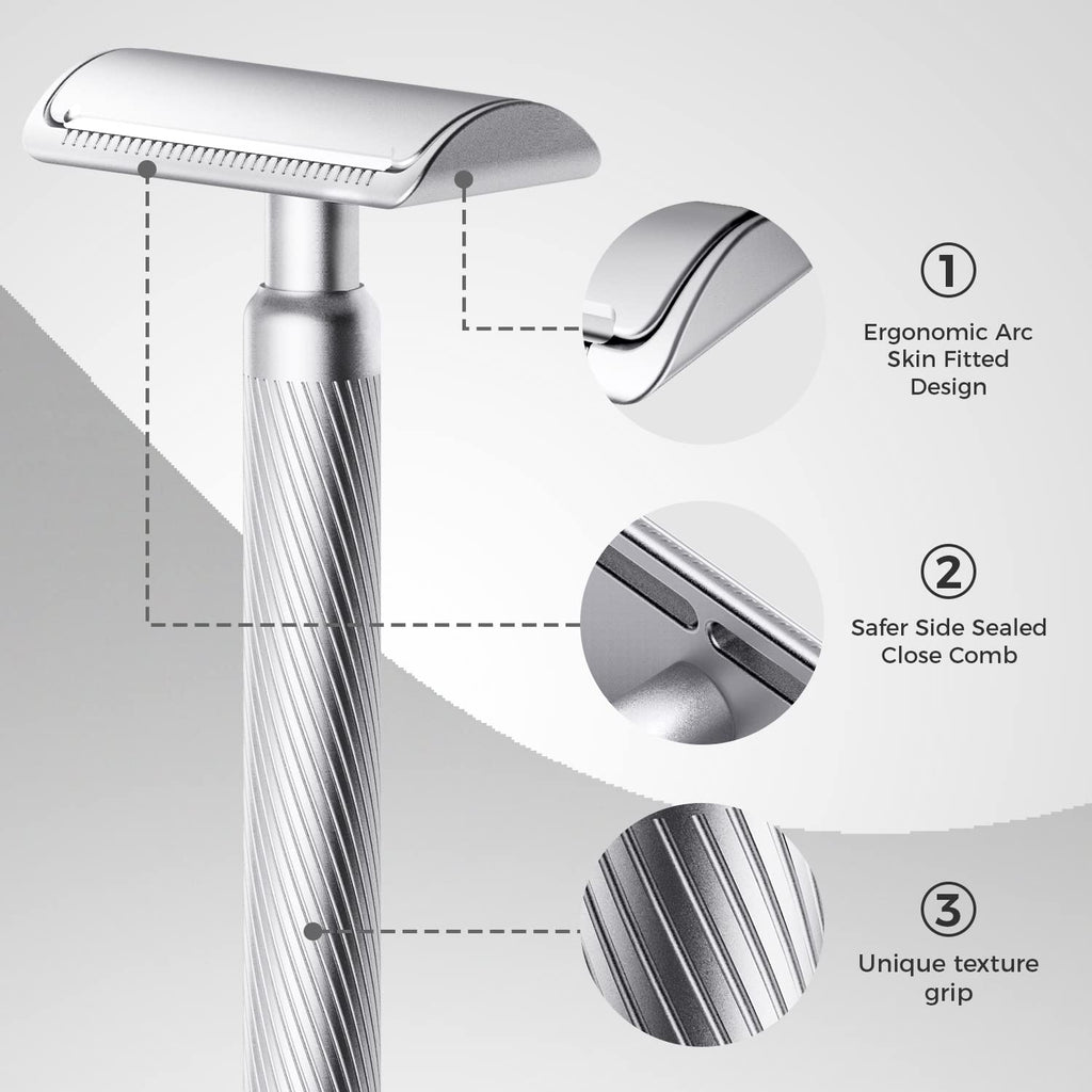 ZOMCHI Double Edge Safety Razor for Men & Women,[New Version 2.0 ] Metal Razor with 10 Double Edge Safety Razor Blades,Single Blade Razor – Noble Silver