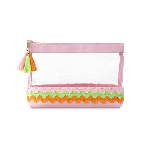 THOVSMOON Clear Makeup Bag for Travel, Rick Rack Trim, Tassel Zipper, TSA Approved Toiletries Accessories Organizer for Women (Pink)