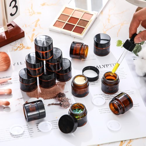 Norme 140 Pack 10ml Glass Cosmetic Jars with Lids, Refillable Sample Containers for Lip Balm, Cream, Lotion, Travel Size, Inner Liner, Wide Mouth(Amber)